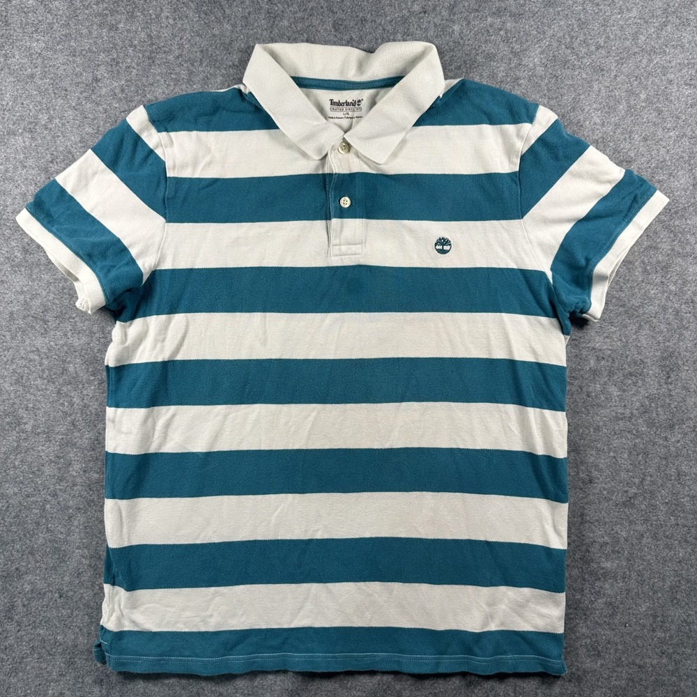 Timberland Striped Polo Shirt Large Teal White Cotton Pique Short Sleeve